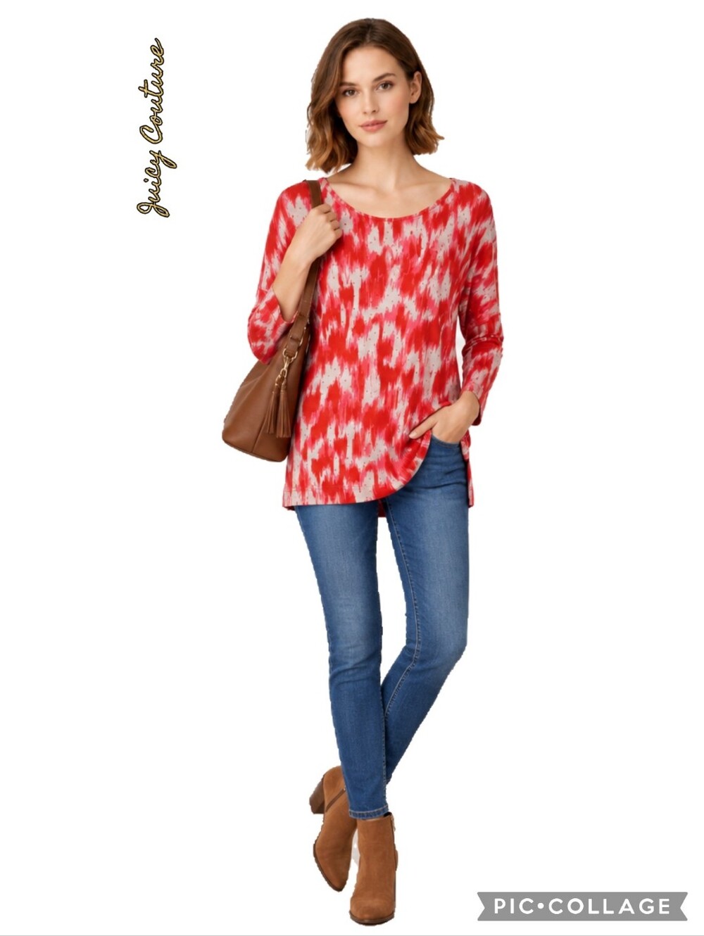 Juicy Couture top red and white water color look scoop neck tunic long sleeve